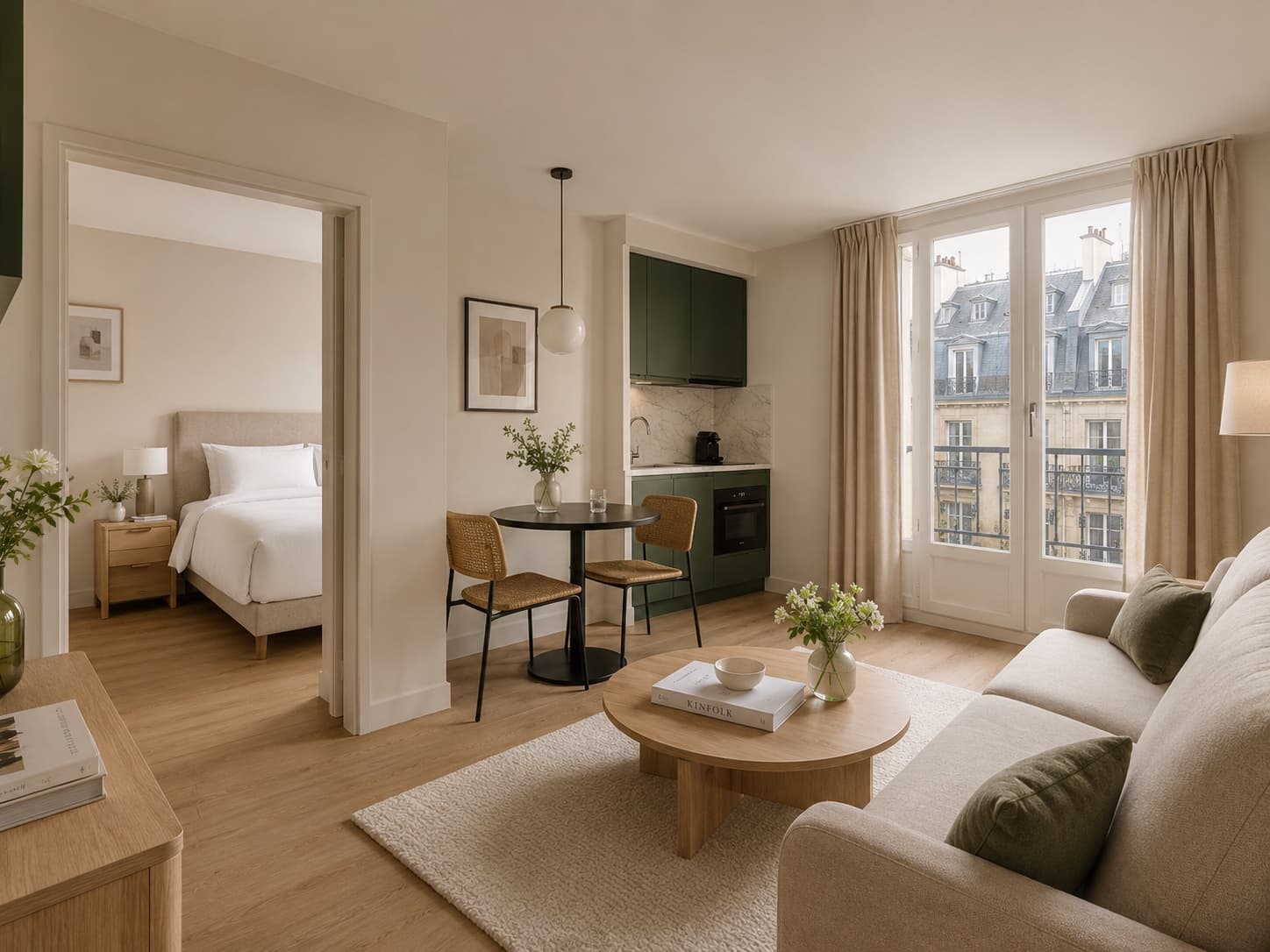 Nester Finn apartment living room opening onto a bedroom, with daylight through tall windows