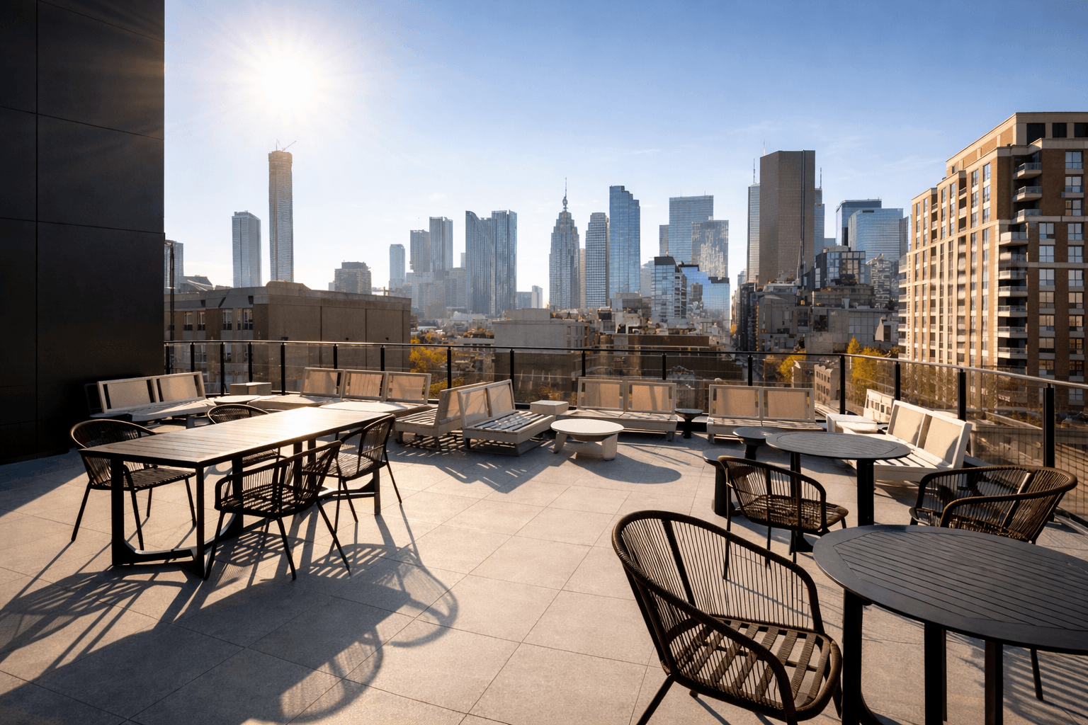 Rooftop terrace with outdoor furniture and city views at Nester Finn St. Lawrence Market